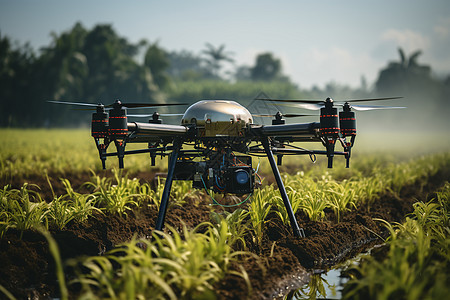 田间喷洒灌溉的无人机背景图片