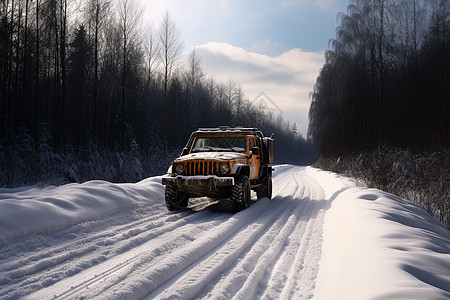 穿梭雪地林间的吉普车图片