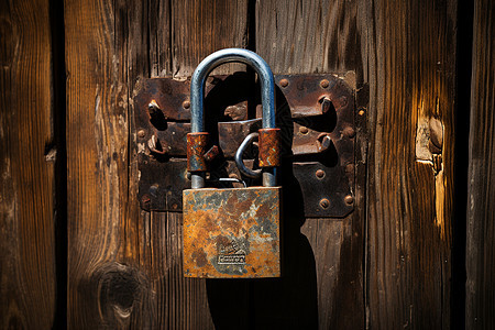破旧铁门上悬挂的生锈挂锁背景图片