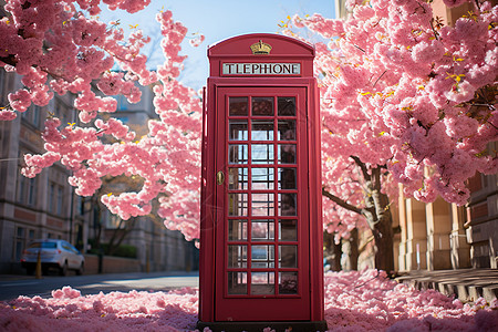 花海中的粉色电话亭图片