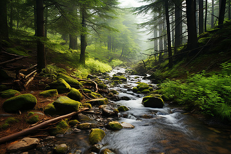 林中溪流，绿林幽径图片