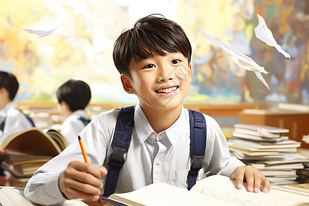 教育课件男孩在课桌前记笔记背景