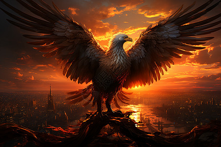 夕阳下城市上空展翅的雄鹰背景图片