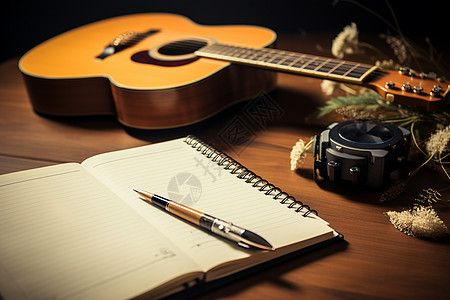 古典吉他桌子写字的纸笔背景