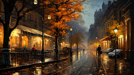 秋季城市夜晚的街道插画图片