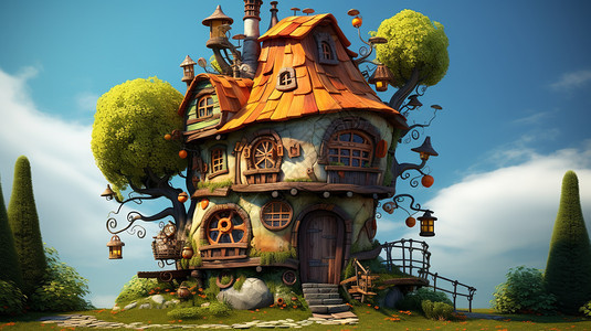 创意梦幻的卡通立体房屋背景图片