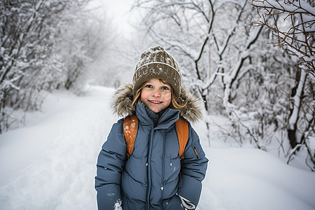 冬季林中道路上的小女孩图片