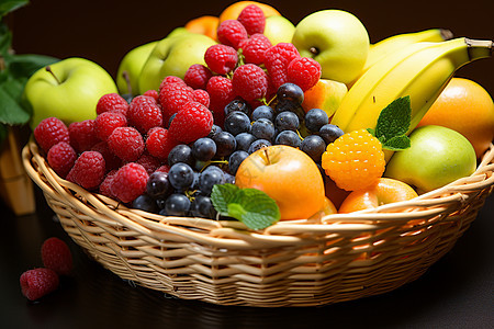 果篮中新鲜采摘的水果背景图片