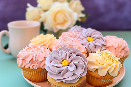 浪漫的花朵杯子蛋糕图片