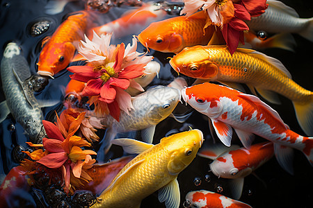 围绕花朵的一群鱼图片