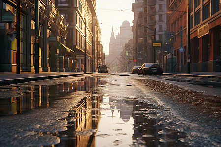 阳光下雨后的城市街道图片