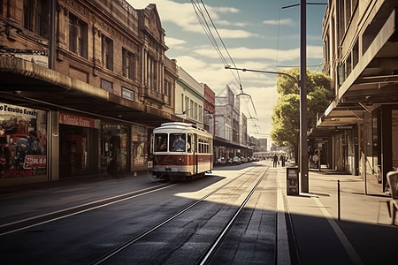 电车驶过的城市街道图片