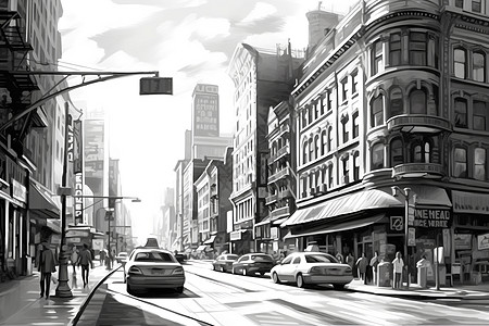 城市繁荣的商业街黑白插画图片