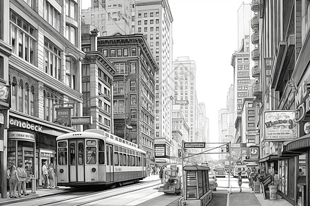 城市的商业街素描插画图片