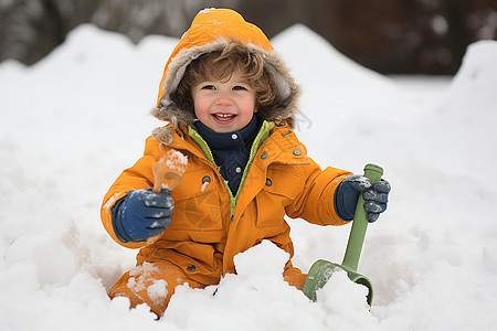 雪地中玩雪的快乐小男孩图片