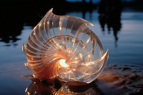 海滩上透明的发光贝壳图片
