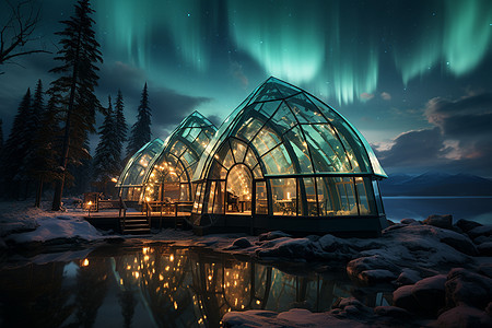 北极光映照下的玻璃小屋图片