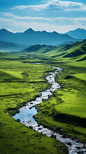 青山草地绿色草原中的河流背景