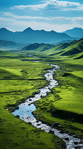 绿色草原中的河流图片