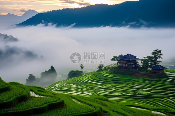 迷雾缭绕的梯田图片