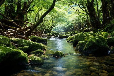 郁郁葱葱的森林溪流景观图片