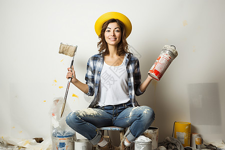 翻新室内墙壁油漆的女子图片