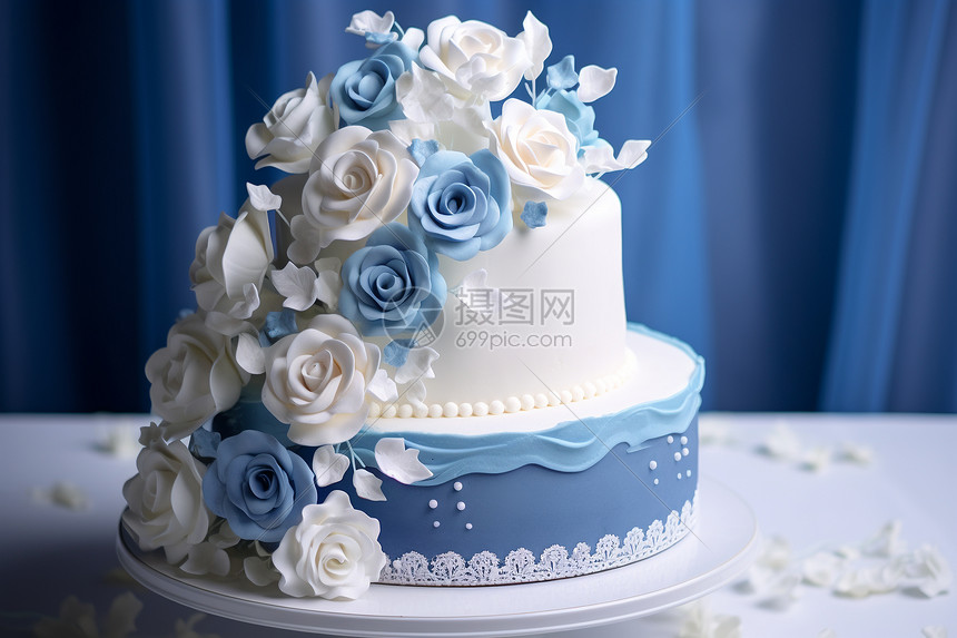 蓝白色调的蛋糕图片