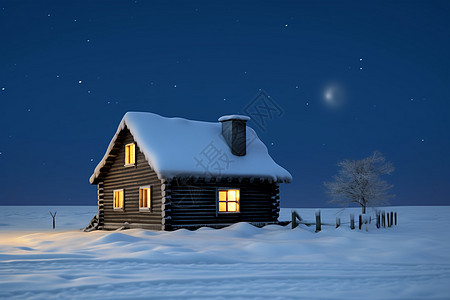 冬季雪地中的小屋图片