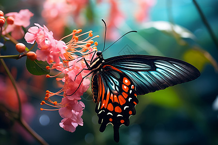 粉色花朵上的蝴蝶图片