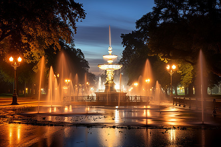 夜晚城市中的喷泉图片
