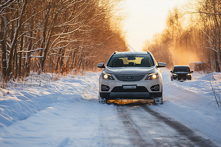 雪林道路上行驶的汽车图片