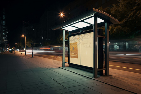 夜晚街边的公交站背景图片