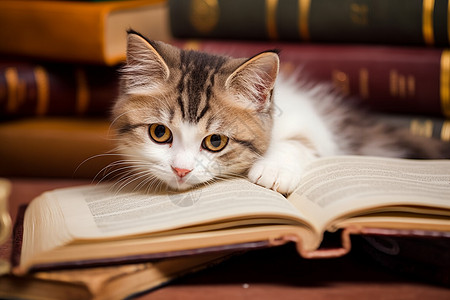 桌面上的小猫和书籍高清图片