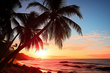 日落时海滩上的椰子树图片