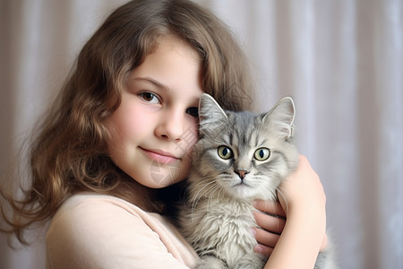 抱着宠物猫咪的小女孩图片