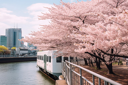 城市的列车和樱花图片