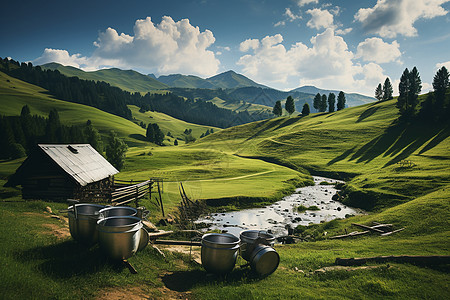 山谷里小木屋夏日山间的风景背景