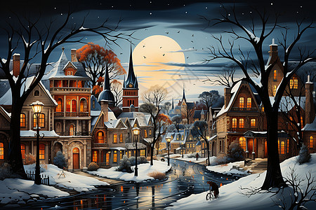 雪中夜景雪景中的卡通小镇插画