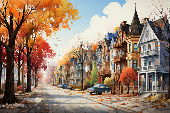 秋天季节的城市风景图片
