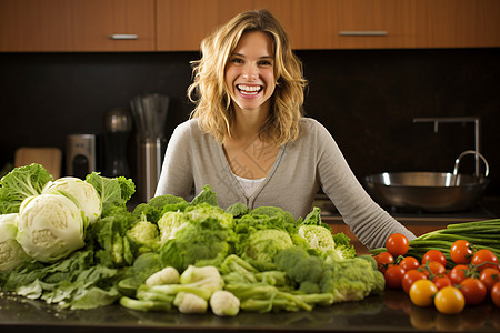 蔬菜摊前微笑的女士图片