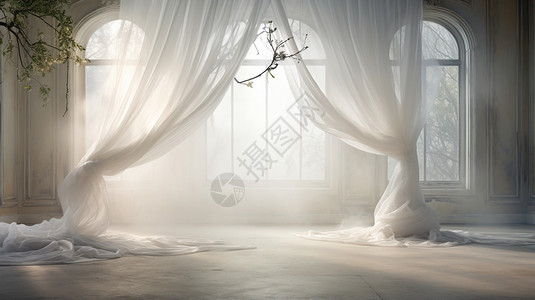 室内白色的窗帘背景图片