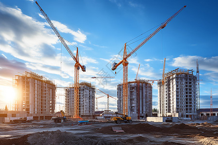 住房建设日落下的施工现场背景