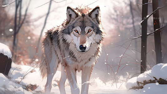 站在雪地中的狼图片