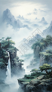 山脉中的瀑布插画背景图片