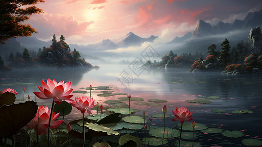 湖面上的红莲花图片