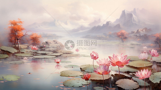 湖泊中的红莲花图片