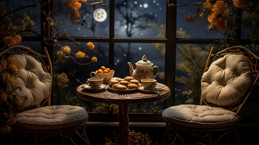 茶月饼桌子上的月饼和饮品背景