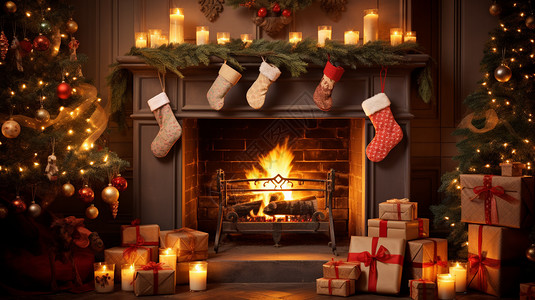 火炉旁边的圣诞礼物图片