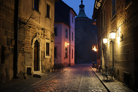 城市小巷暗夜中的石板街背景