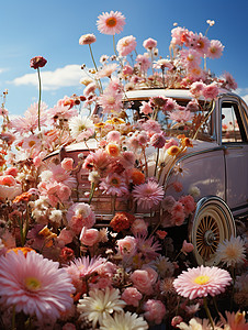 梦幻的鲜花围绕着汽车图片